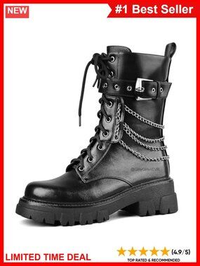 Women's Faux Leather Combat Boots with Chains Buckle Zip Ankle Boots